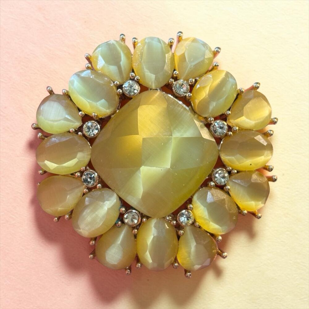 Vintage Monet Cat’s Eye Brooch Yellow Green Glass Rhinestone Mid Century Pin